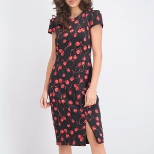 Betsey Johnson cherry print red & black scuba sheath midi length dress